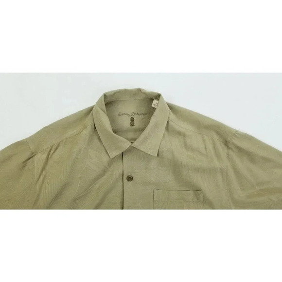 Tommy Bahama Size Large Men's Latte Macchiato Brown Floral Silk Logo Tag Shirt - Picture 5 of 11